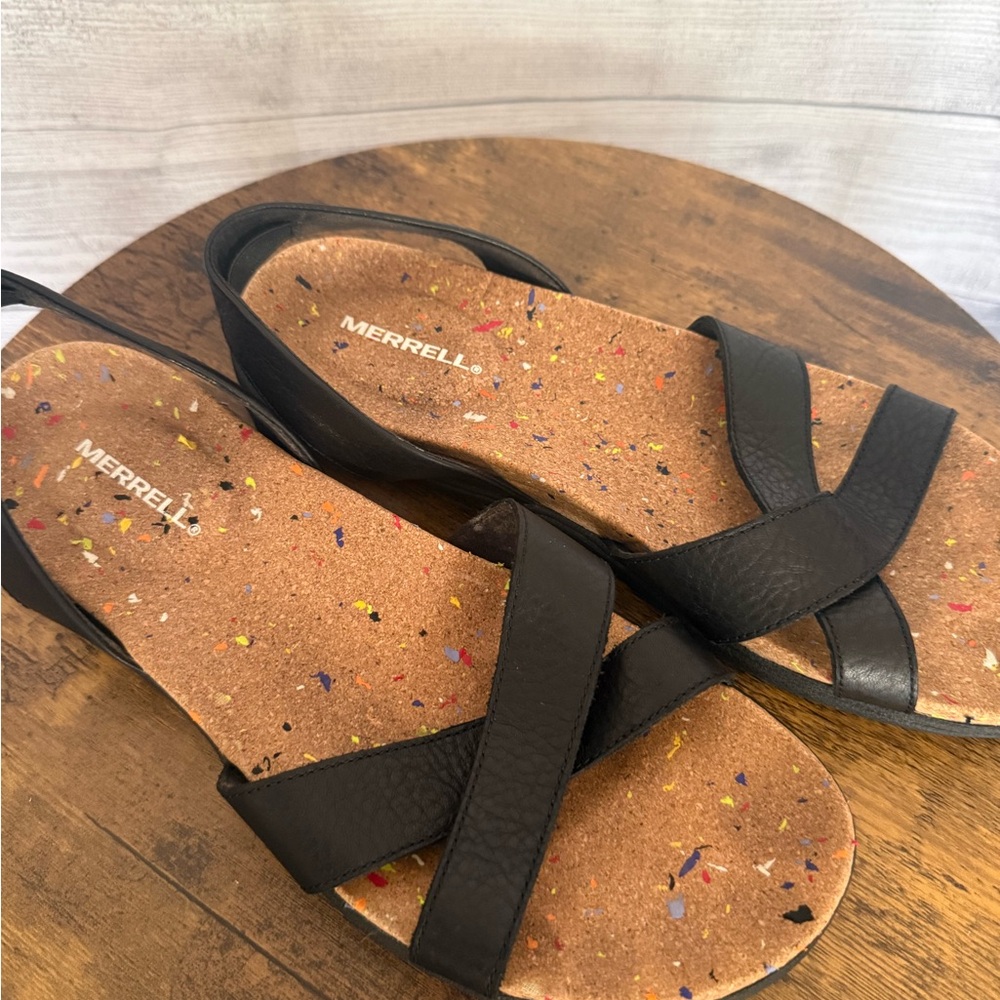 Merrell Black Leather Cork Footbed Cross-Strap Sandals